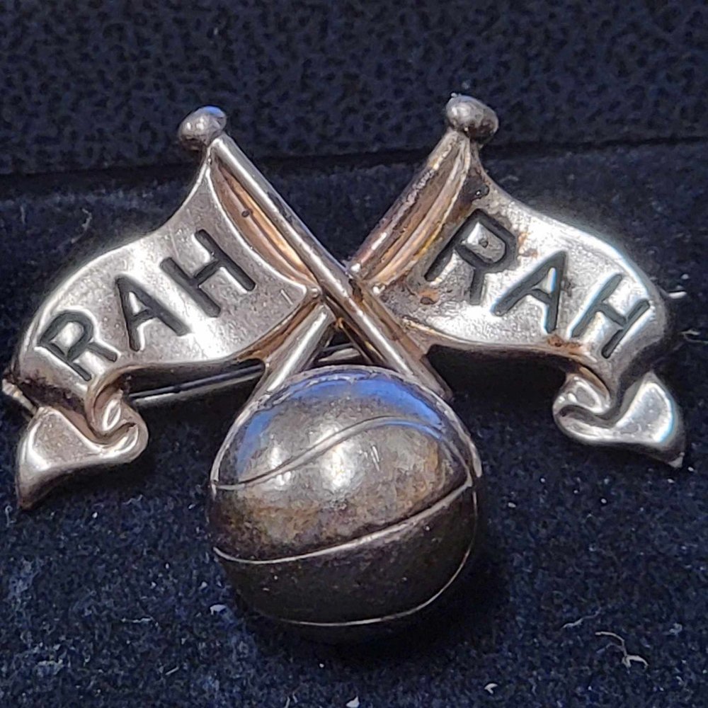 VTG Gold tone charm pin brooch RAH RAH Cheer Spirit pennant Basketball 1930s?